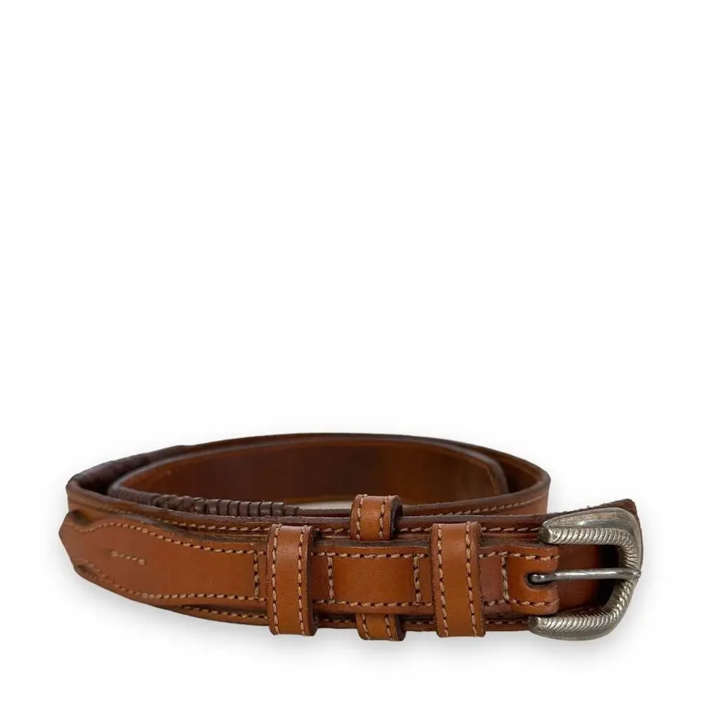 Unisex Western Belt Sz S/M 3D Brown Leather Silver Buckle Braided Details